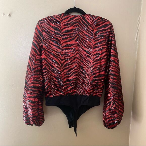 NBD Rochelle bodysuit sequin red black zebra print going out top Revolve Sz S - Picture 11 of 11